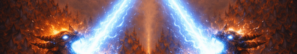 A glowing sword emitted from a giant tongue pierces a fiery demon with horns amid a dark, smoky battlefield.