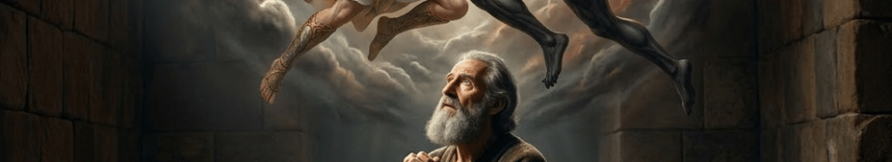 Elderly man praying with vision of angel and demon fighting above