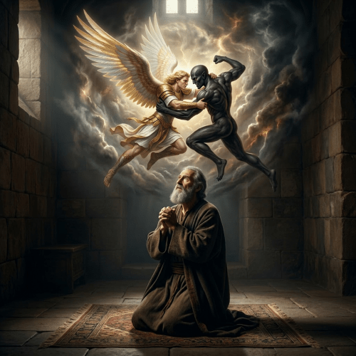 Elderly man praying with vision of angel and demon fighting above