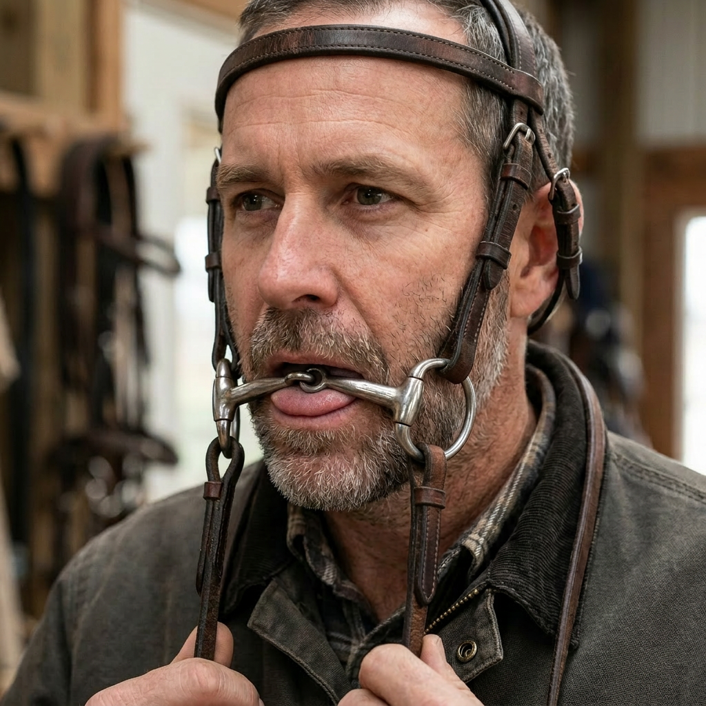 Man holding horse bridle bit in his mouth testing its fit