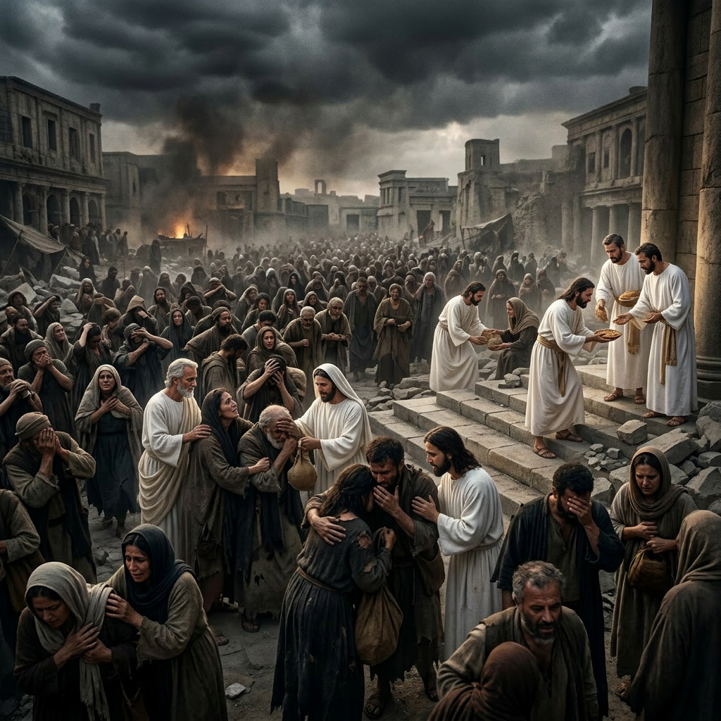 The Remnant in white robes ministering to Christian believers.