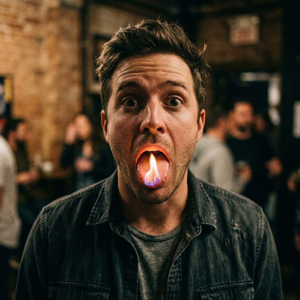Man with mouth open and small flame on tongue