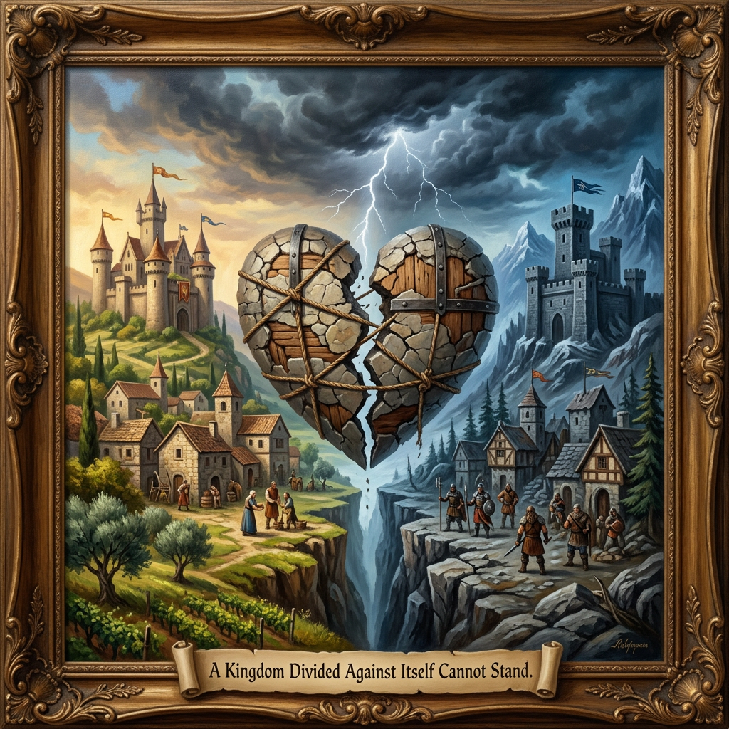 Split heart made of stone and wood suspended over two divided medieval villages under stormy sky