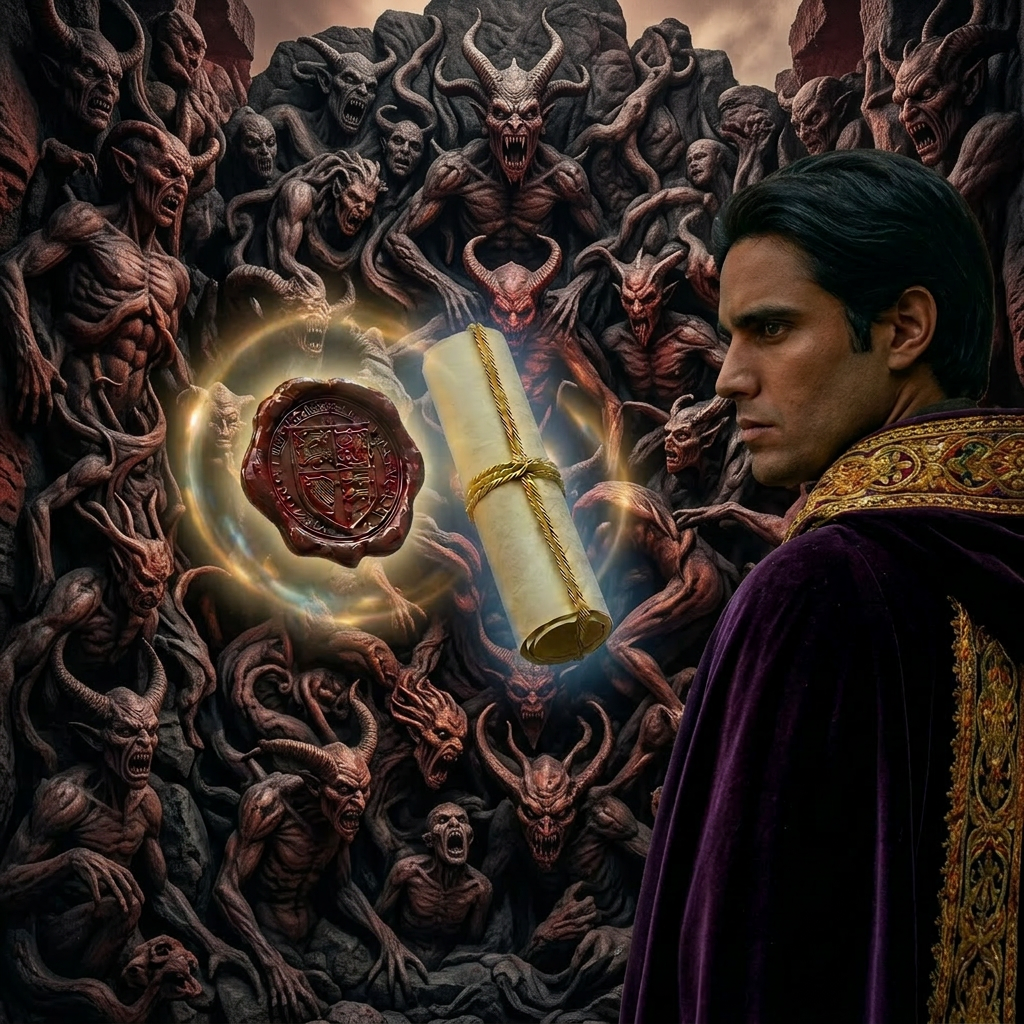 Medieval nobleman in purple cloak with gold embroidery holding a staff in a stone hall