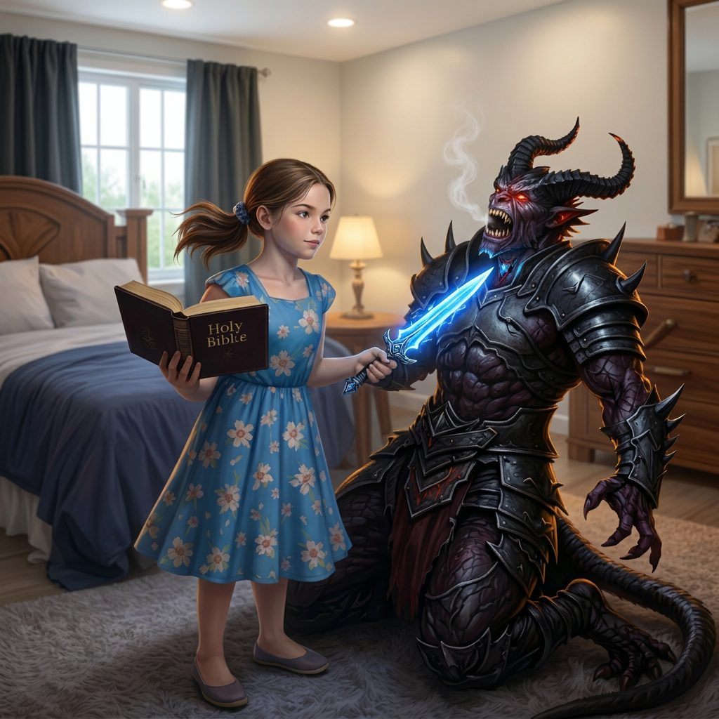 Warrior stabbing a demon with glowing sword in fiery dungeon