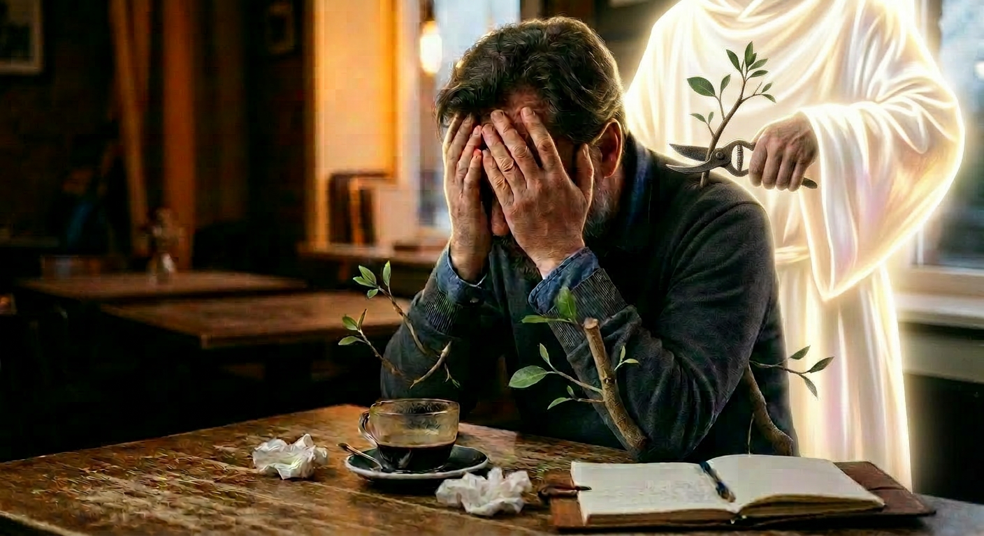 Man sitting at a cafe table covering his face with his hands, with a coffee cup and open notebook in front of him
