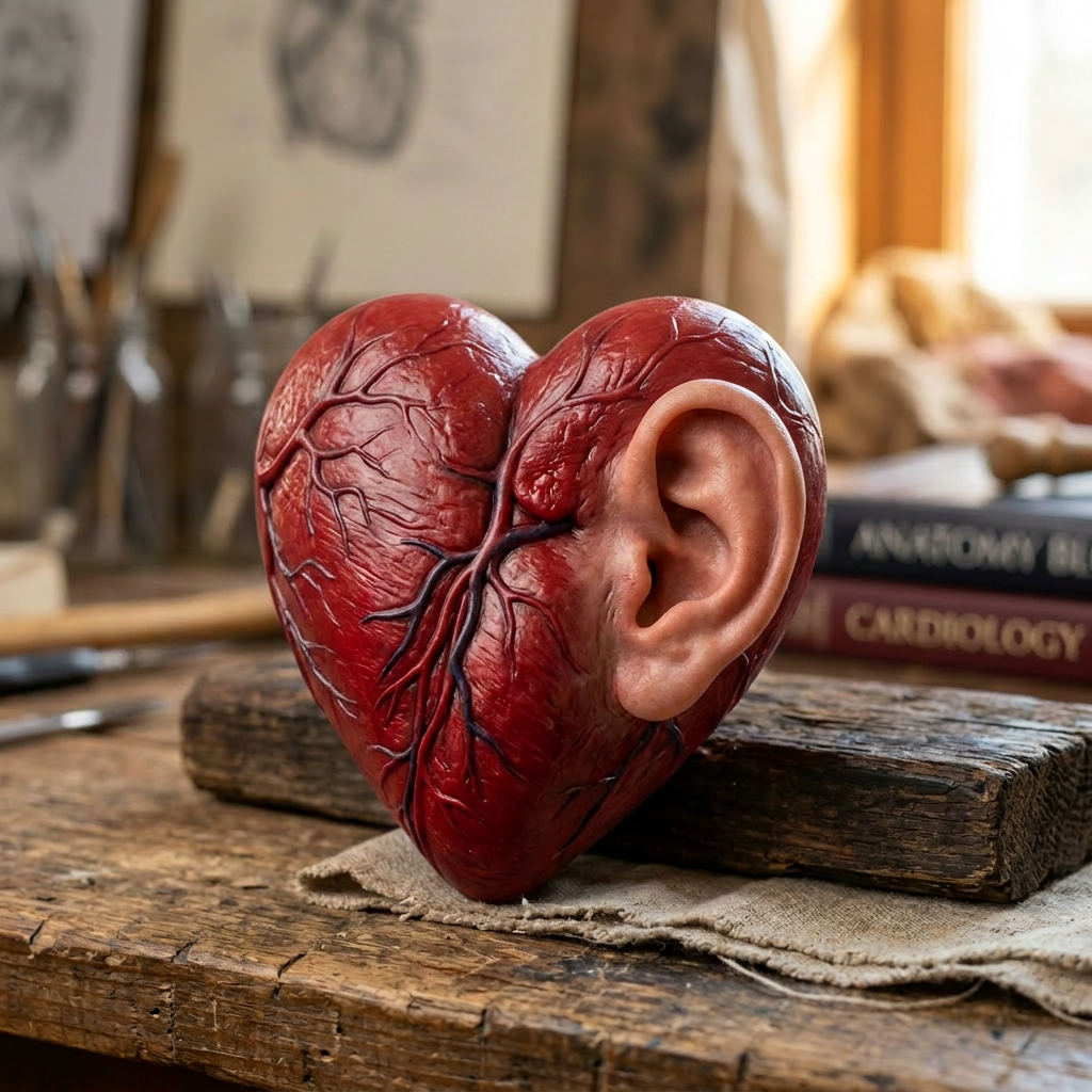 Anatomical heart sculpture with a realistic human ear on its side