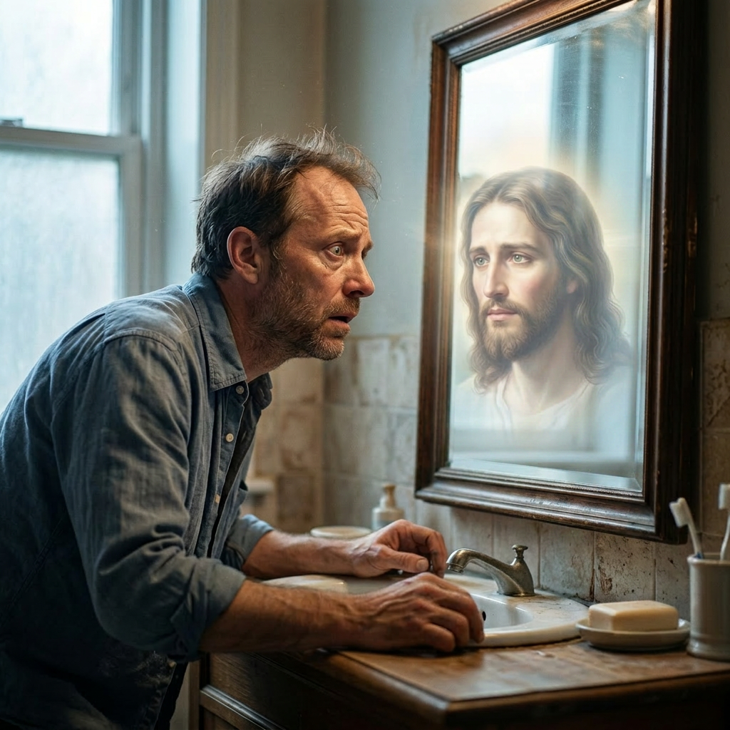 Man leaning on bathroom sink looking at mirror with glowing Jesus Christ image