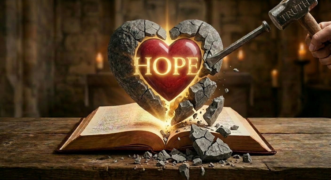 Open Bible on wooden table with glowing heart and cross symbols above