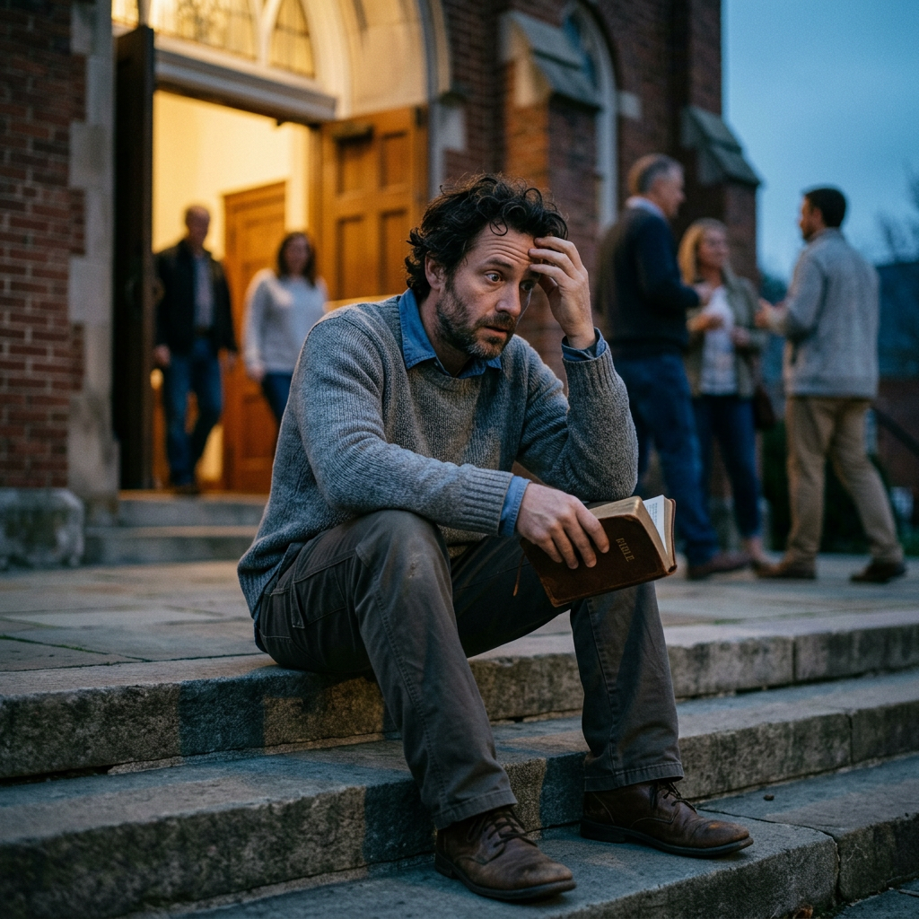Man sitting on church steps holding a Bible with concerned expression
