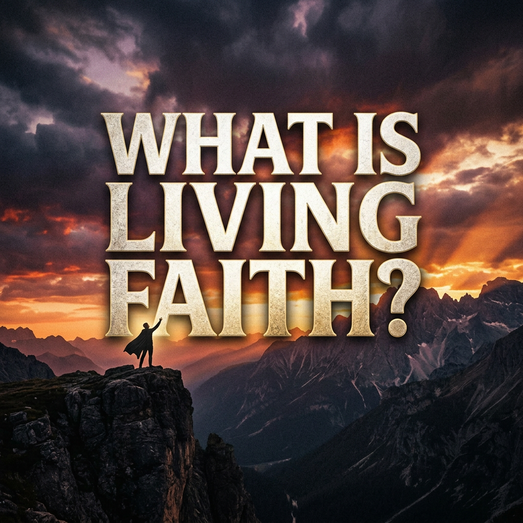 Silhouette of person on mountain with large text 'What is living faith?' against sunset sky