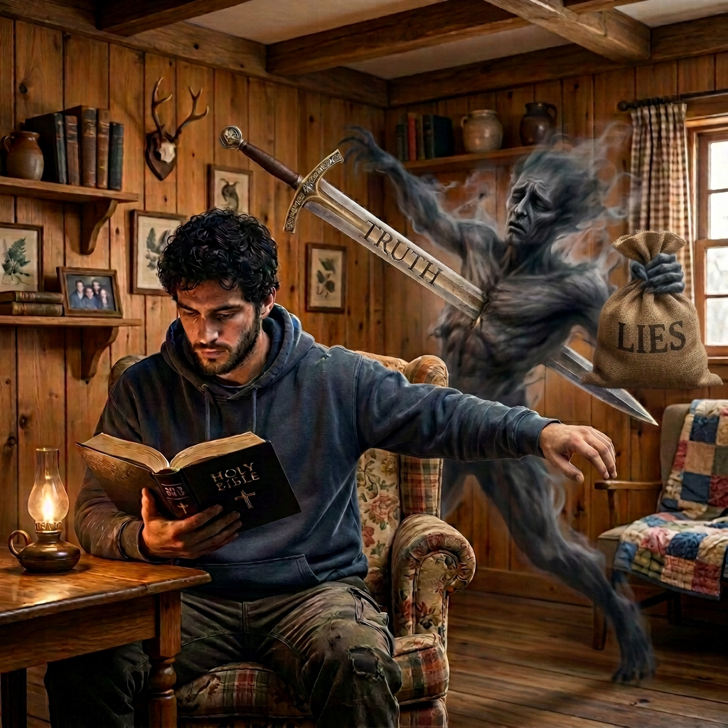 Man reading Holy Bible while glowing sword confronts a shadow creature