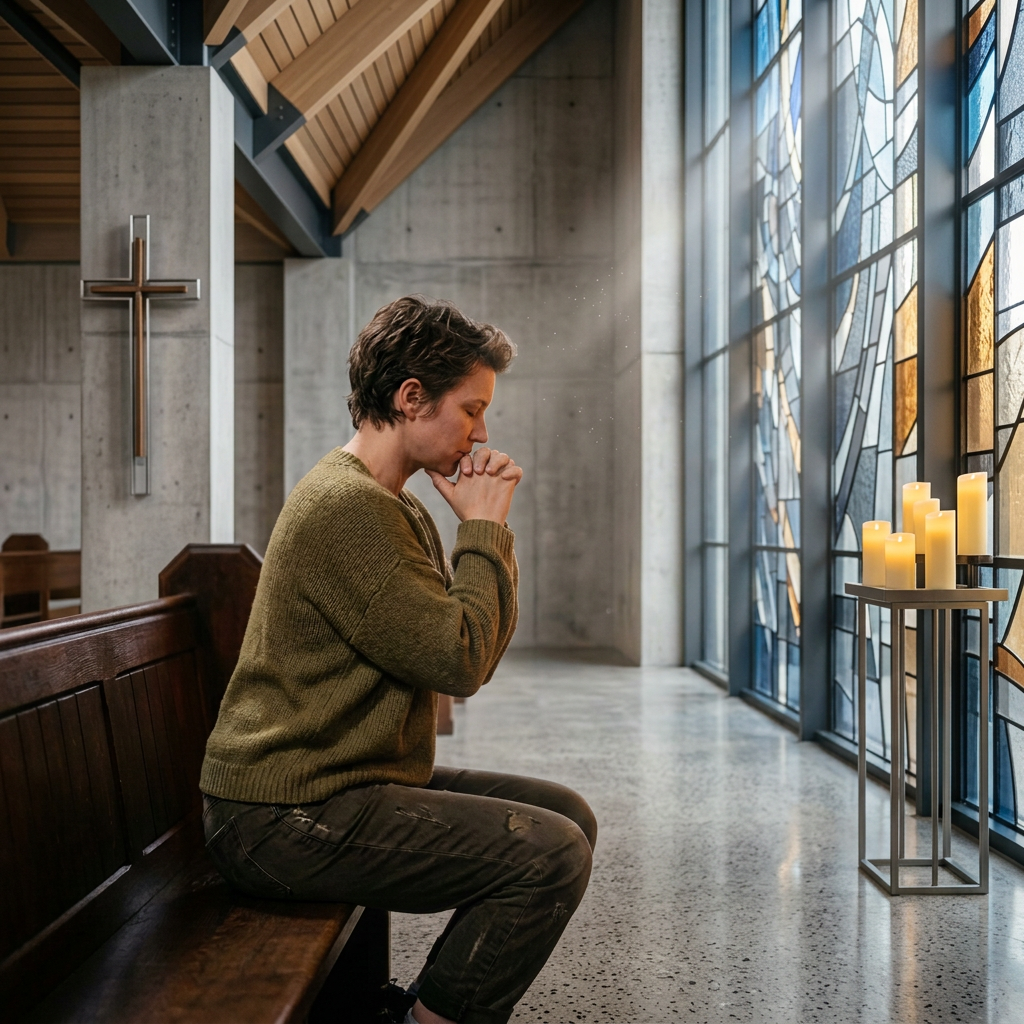 Person praying on a wooden pew inside a candlelit stone chapel