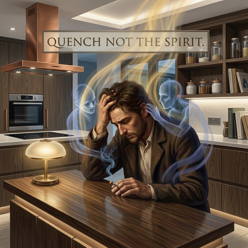 Man studying with spirits nearby; “QUENCH NOT THE SPIRIT.”