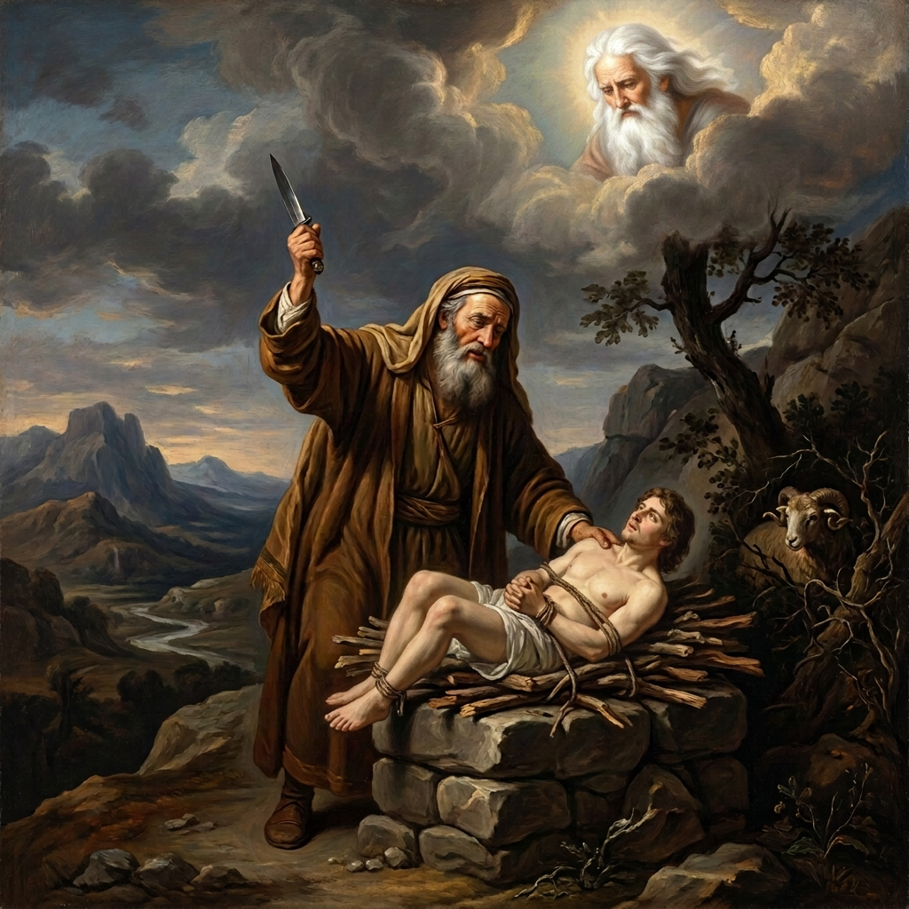 Abraham raises a knife over bound Isaac on an altar as God appears in the clouds