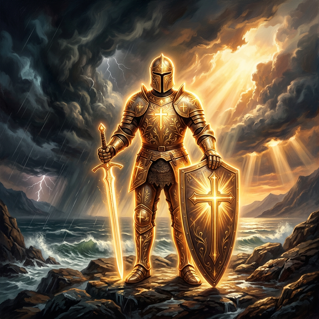 Armored knight with cross-emblazoned shield and glowing sword on a stormy coast