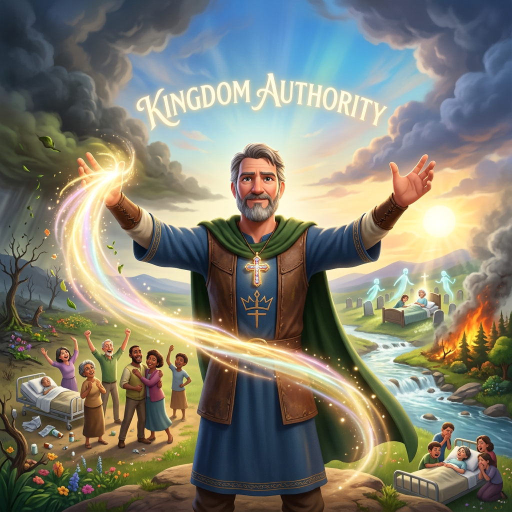 Illustration reading “KINGDOM AUTHORITY” with a robed man and healing scenes